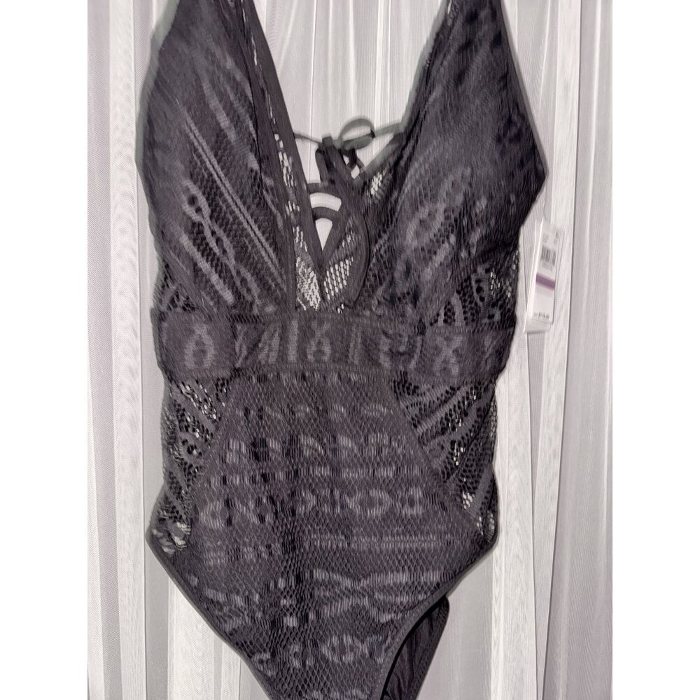 Black Mesh Lace-Up One-Piece Swimsuit With Removable Cups XXL
